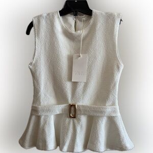 Zara Bouclé Peplum Buckle White Top – Medium – NWT